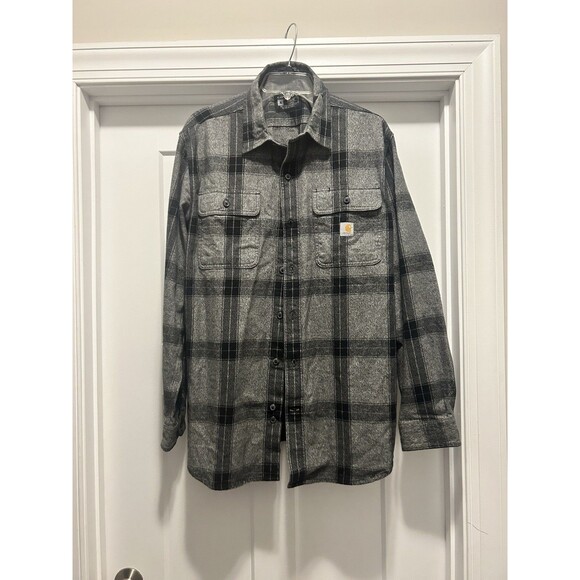 Carhartt Men Gray Plaid Flannel Loose Fit Long Sleeve Button Shirt Size Medium - Picture 1 of 5